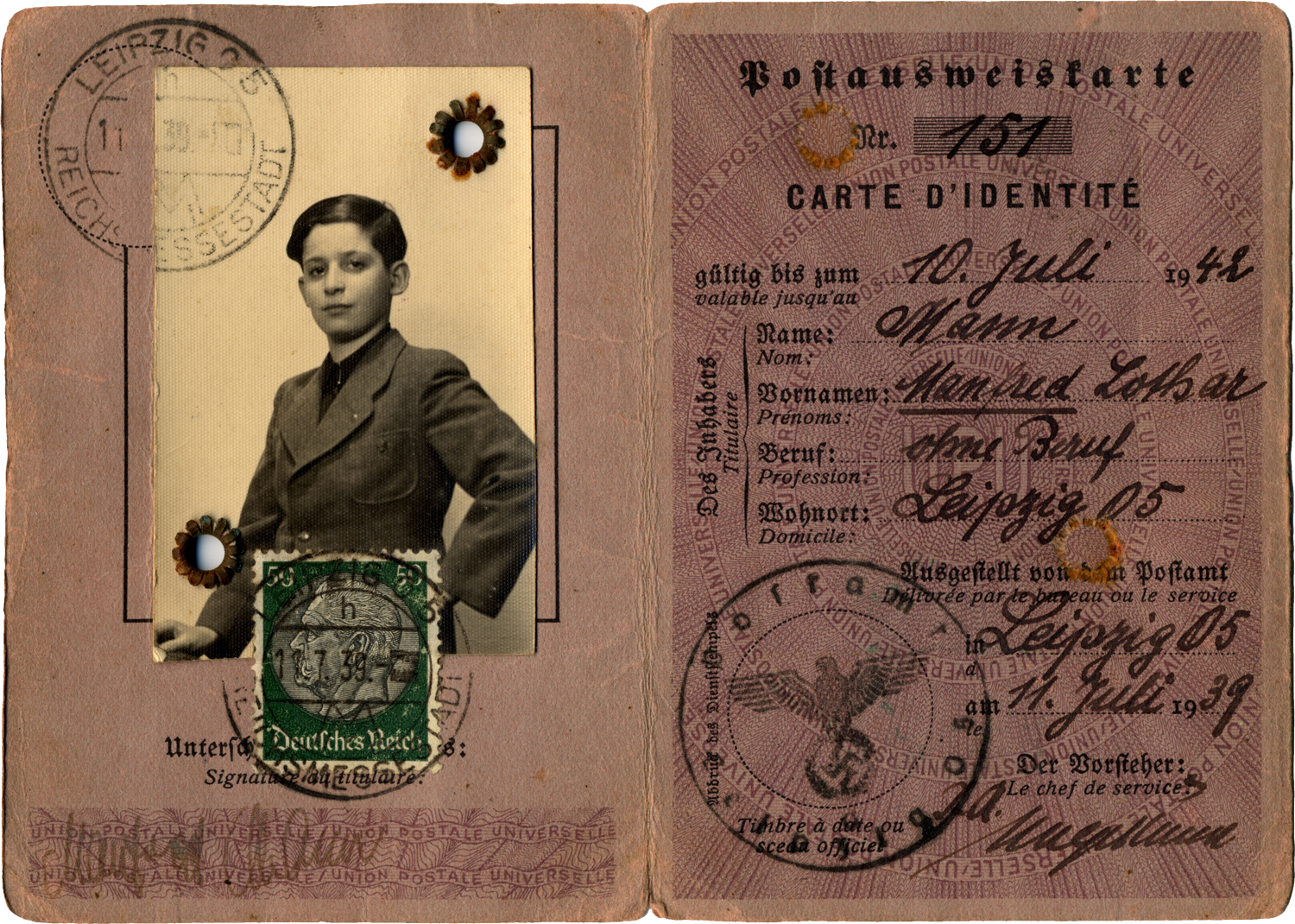 Partial image of old-looking official document with stamps and a partially visible photo of a person in a suit.
