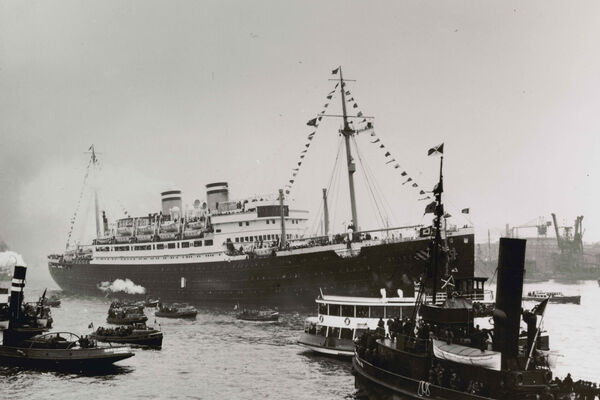 The St. Louis, carrying more than 900 Jewish refugees, waits in the port of Hamburg. The Cuban government denied the passengers entry. Hamburg, Germany, 1939. United States Holocaust Memorial Museum, courtesy of Herbert &amp; Vera Karliner.