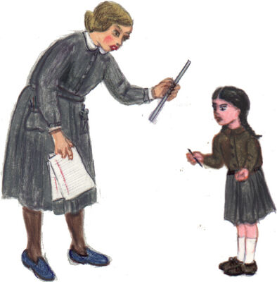 Dessin aux crayons de couleurs d’une femme penchée, brandissant une règle vers une fillette tenant un crayon.