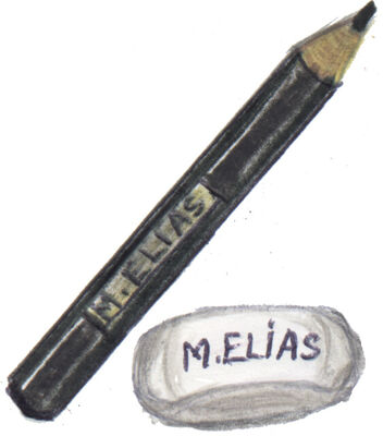 Dessin aux crayons de couleurs d’une gomme à effacer et d’un crayon sur lesquels on a inscrit « M. Elias ».