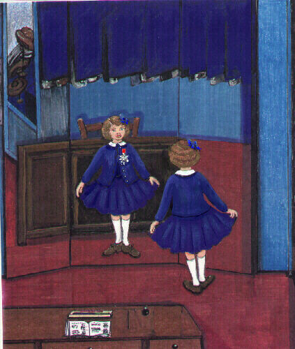 Dessin aux crayons de couleurs d’une fillette qui pose fièrement devant un miroir en déployant sa jupe.