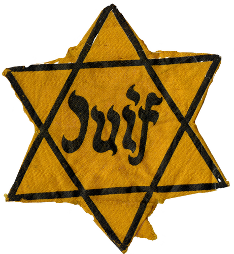 A black six-pointed Star of David on yellow cloth with French writing in black in the middle.