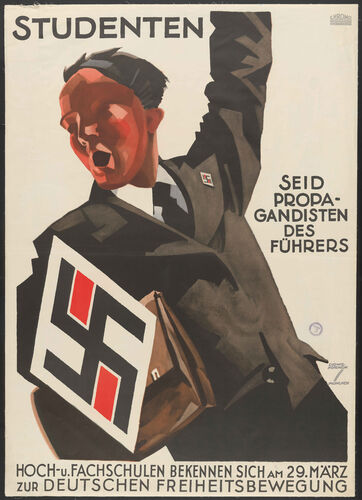 Coloured print with German writing and a man raising his left arm in the air energetically, his mouth open as though shouting, a large swastika at the bottom left of the image.