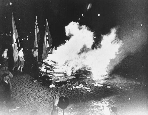 A large pile of books on fire, with a couple of young men on the side, watching, while others are holding Nazi flags, two hands raised in Nazi salutes visible at the bottom.