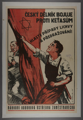 Illustration of a man in an apron pulling back a red curtain with a Star of David on it to reveal a man smoking a cigar.