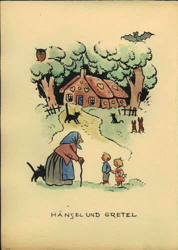 Illustration showing and elderly woman leaning on a stick, looking down at a young boy and girl, a house, trees and animals in the background, the words "Hänsel und Gretel" below the image.