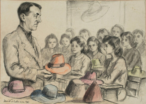 Drawing of young people sitting at desks, a man standing in front of them, holding a hat, next to a table with several colourful hats on it. Yiddish words below the image.