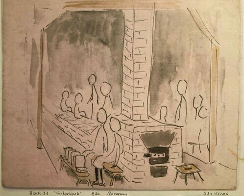 Painting in light neutral colours of people in a room with a brick oven and chimney in the middle and several books on a low bench.