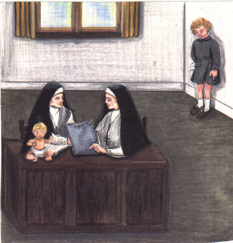Dessin aux crayons de bois d’une pièce où deux religieuses sont assises à un bureau avec un livre et une poupée. Une fillette pleure dans un coin.