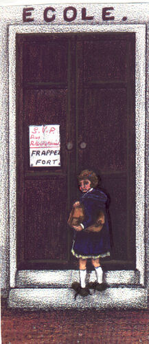 Illustration of a young girl holding a briefcase, standing on the steps outside large doors, the word "Ecole" written above them and a sign in French on the door.