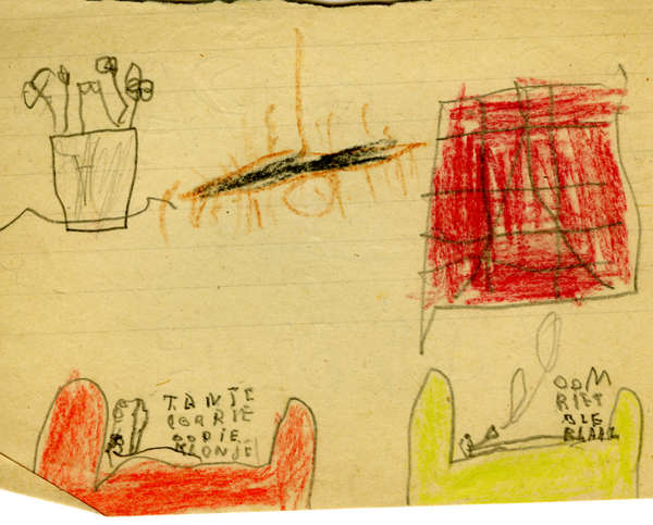 A pencil crayon drawing showing beds, a window and a flowerpot, and featuring some writing in Dutch.