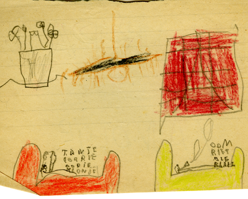 A pencil crayon drawing showing beds, a window and a flowerpot, and featuring some writing in Dutch.