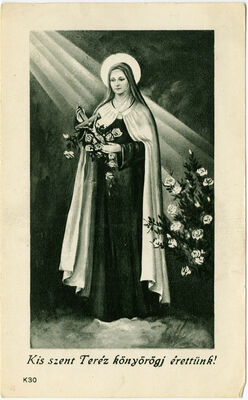 Illustration of a woman in a veil and cape holding flowers and a cross, a disc of light behind her head and light streaming down on her from the upper left corner, Hungarian writing below the image.