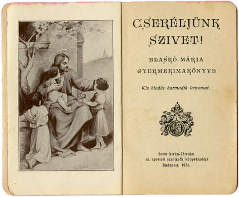 The inside spread of a book with aged pages showing an illustration of a saint with young children on the left and Hungarian writing on the right.