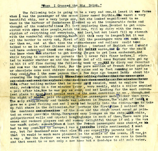 Yellowed and stained typewritten page, showing revisions and several lines and words crossed out.