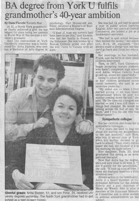 Page of newspaper showing article titled "B.A. degree from York U fulfils grandmother's 40-year ambition," with picture of woman holding a degree and a young man leaning affectionately over her, both of them smiling.