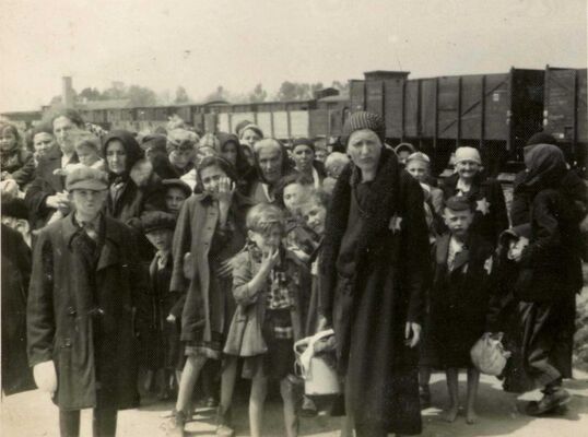 A large group of women and children in coats with Stars of David on them, holding bags and standing on a platform in front of a train.