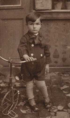 A young boy standing and holding the handle of a bicycle while looking at the camera with a serious expression.