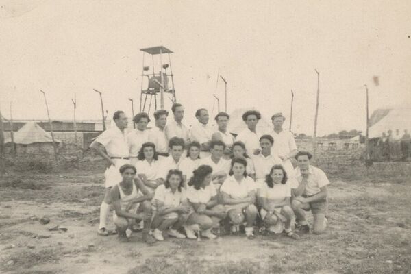 Jacob, in the back row at the far right, and his friend Walter Frankenstein, in the back row, fourth from the left. Cyprus detention camp, 1946.