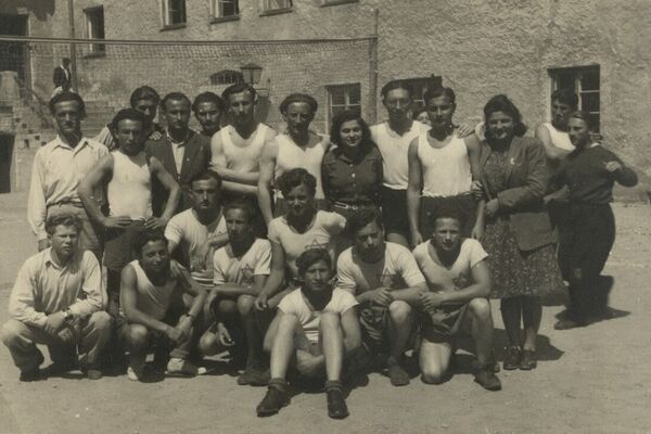 Jacob, front row on the left, in the Landsberg DP camp. Germany, circa 1945.