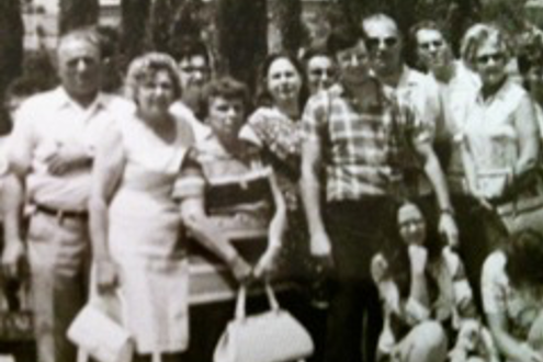 Lenka, second from the left, and Mendel, far left, in Israel, 1968.