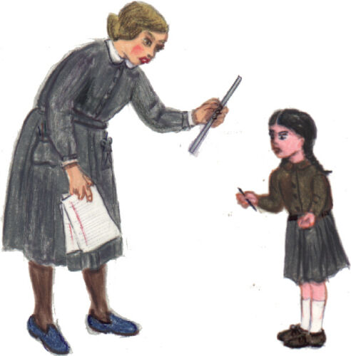 Ilustration of a woman holding a ruler and papers, bending toward a young girl who is holding a pencil.