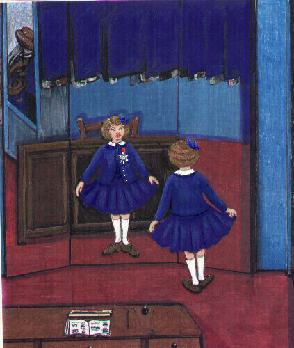Illustration of a young girl looking at herself in a mirror and holding the hem of her skirt out to the sides.