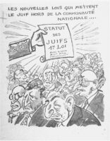 Caricature montrant des hommes au-dessus desquels est brandi un document où est écrit « STATUT DES JUIFS, PREMIÈRE LOI ».