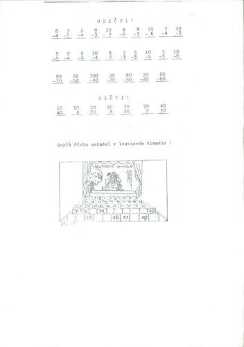A paper featuring mathematical equations, a drawing of a puppet in a theatre with numbers on the seats, and writing in a foreign language.