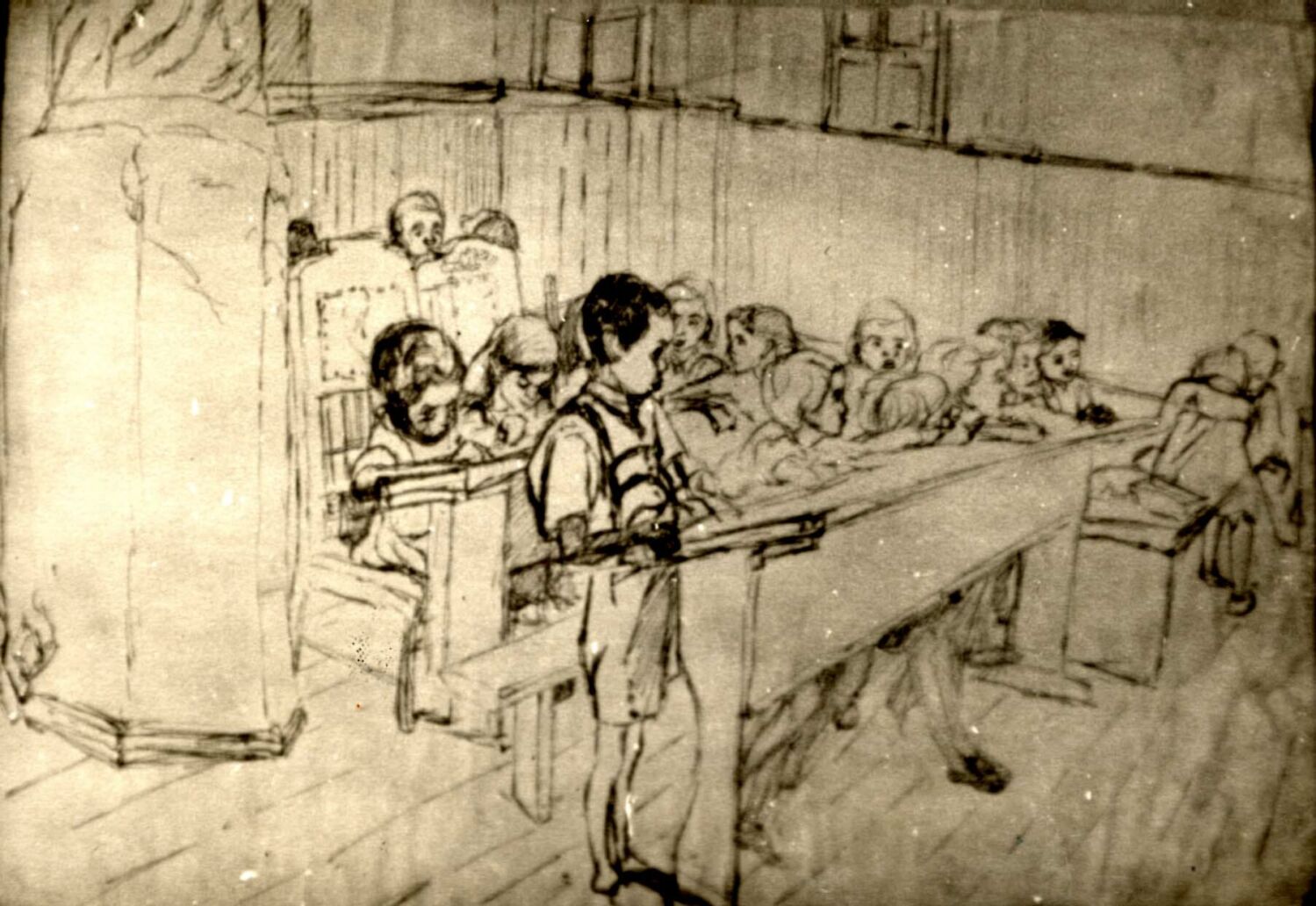 Drawing of children sitting on benches at long desks in a room with two small windows at the back.