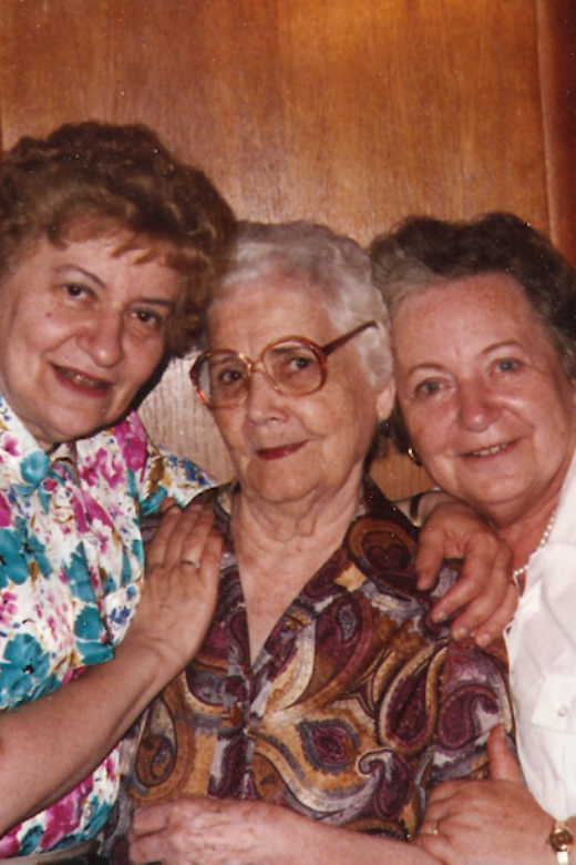 Mary (right) reuniting with with her sister, Helen (left), and Krystyne Panek, who provided their false identities during the war, thus saving their lives. Toronto, date unknown.