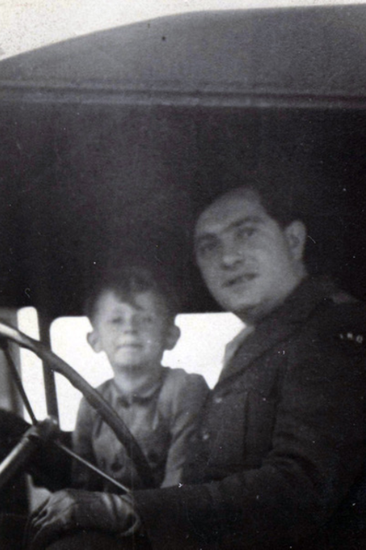 Joe and Uncle Dave in the Jeep. Eggenfelden, Germany, late 1940s.