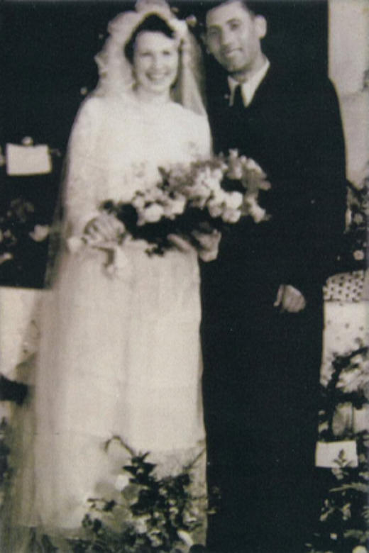 Lea and Abraham’s wedding photo, Hofgeismar DP camp. Germany, July 21, 1948.