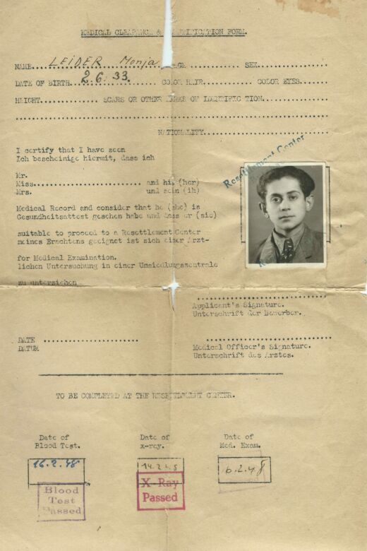 Morris’s medical clearance certification form for him to be resettled in a displaced persons camp. 1948.