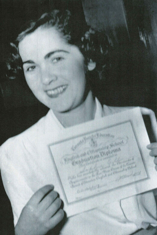 Sophie with her English and Citizenship School graduation diploma. Toronto, 1949.